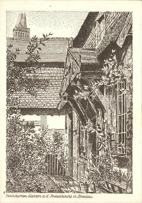 Breslau Niederschlesien Garten an der Kreuzkirche Künstlerkarte