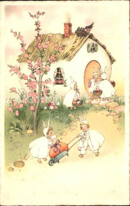 Ostern Easter Paques Kinder Hasenkostüm Osterei Schubkarre
