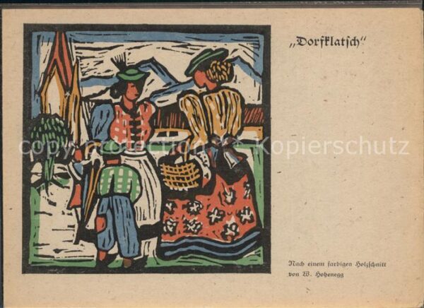 Kuenstlerkarte W. Hohenegg Holzschnitt Dorfklatsch