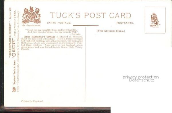 Verlag Tucks Oilette Nr. 7732 Anne Hathaway's Cottage Shakespear – Bild 2