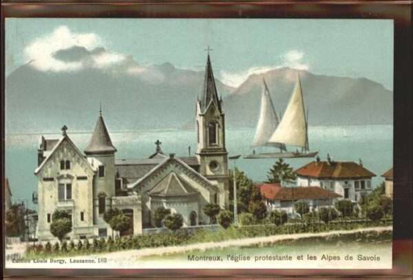 Montreux VD L eglise protestante et les Alpes de Sa