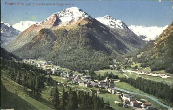 Pontresina mit Piz Palü und Roseggletscher
