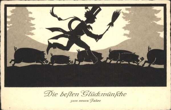 Scherenschnitt Schattenbildkarte Neujahr Schweine Zylinder