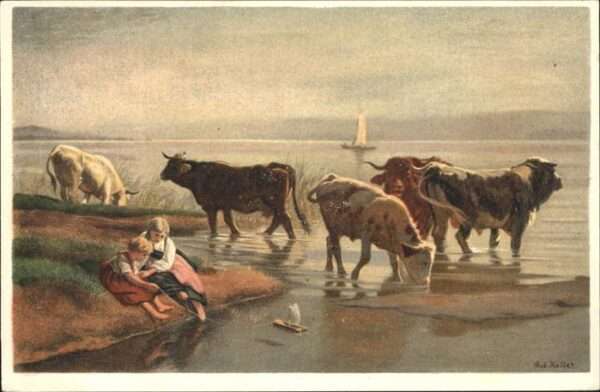 Kuenstlerkarte Rudolf Koller Vieh am See Kühe
