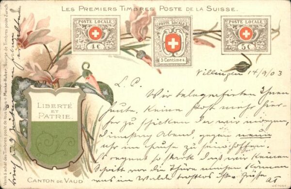 Briefmarken auf Postkarte Schweiz Canton de Vaud