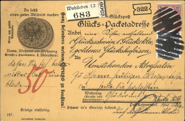 Muenze auf Ak Glücks-Packetadresse Wohlleben