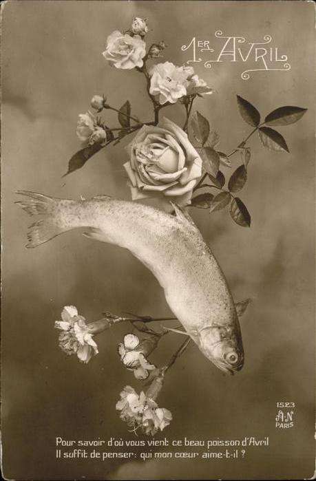 Monatskarte Avril April Fisch Rosen