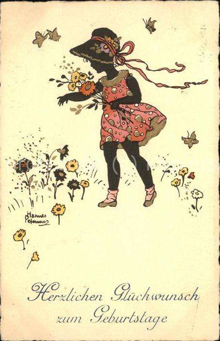 Scherenschnitt Schattenbildkarte Nr. 1693 Hannes Petersen Kind Blumen Ge