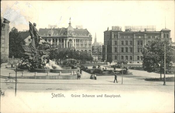 Stettin Szczecin Pommern Grüne Schanze und Hauptpost Brunnen