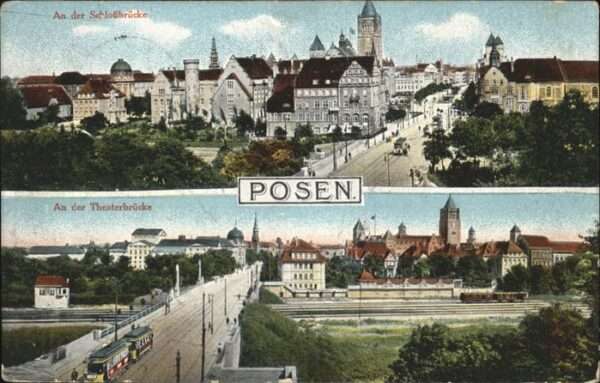 Posen Poznan Partien an der Schlossbrücke und Theate