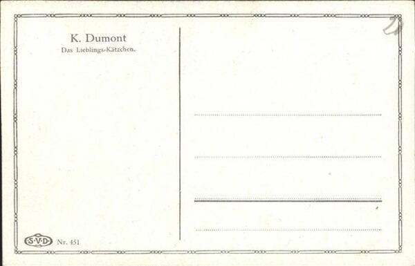 Kuenstlerkarte Nr. 451 K. Dumont Das Lieblings-Kätzche – Bild 2