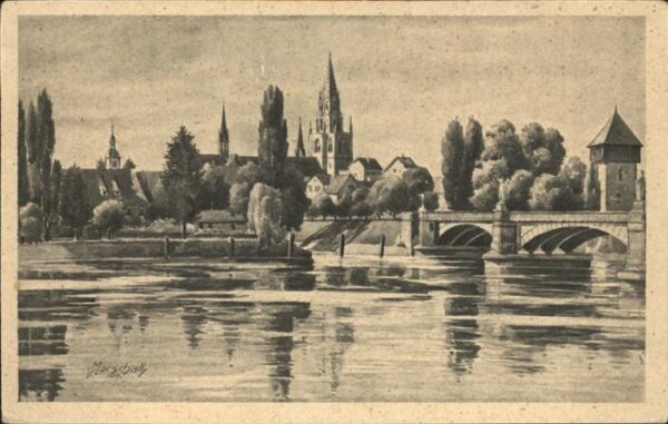 Kuenstlerkarte Konstanz am Bodensee Rheintorturm Rhein