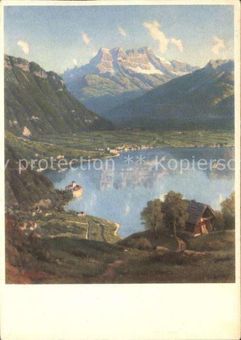 Kuenstlerkarte Genfersee Dents du Midi Pro Infirmis Ka