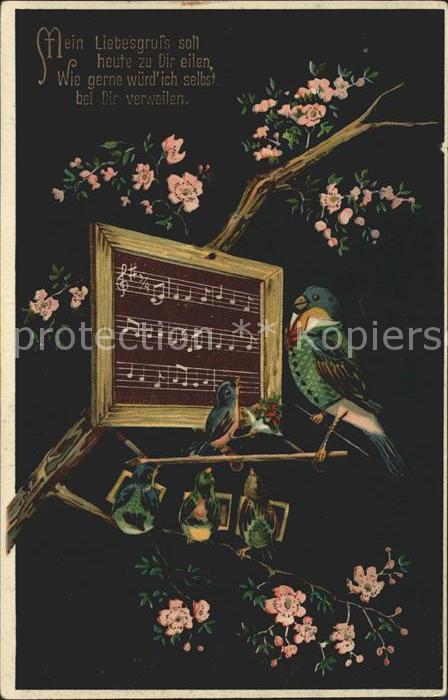 Voegel vermenschlicht Musiknoten Ast Blüten Ge