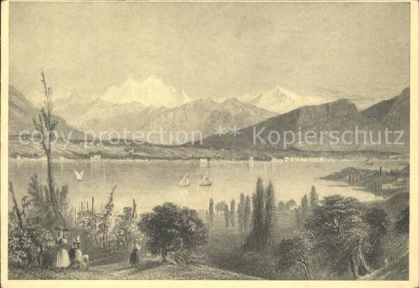 Kuenstlerkarte W. Bartlett Lac Leman Genfersee W. Hill