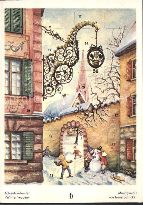 Adventskalender-AK Winterfreuden Kinder Schlitten Schneema