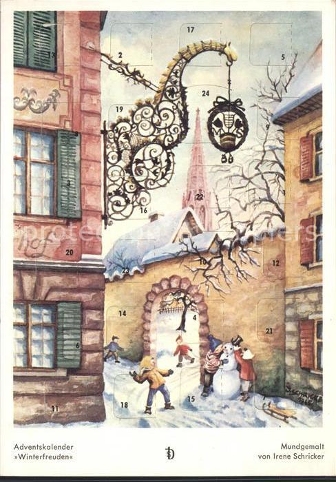 Adventskalender-AK Winterfreuden Kinder Schllitten Schneem