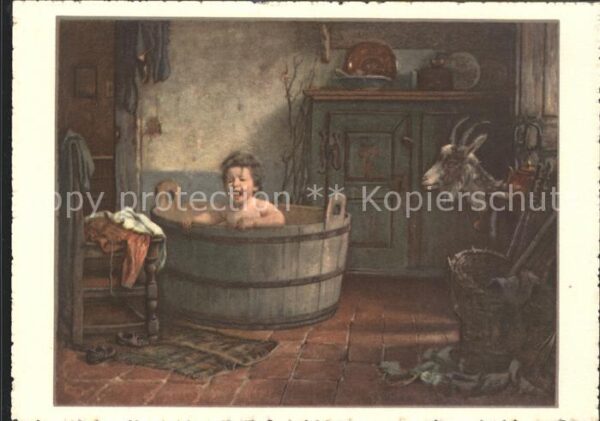 Kuenstlerkarte B. Vautier Besuch im Bade Kind Holzwann