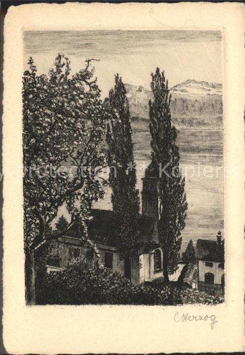 Radierung Weggis Protestantische Kirche