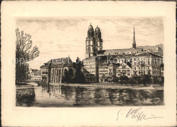 Radierung Zürich Bauschäuzli Großmünster