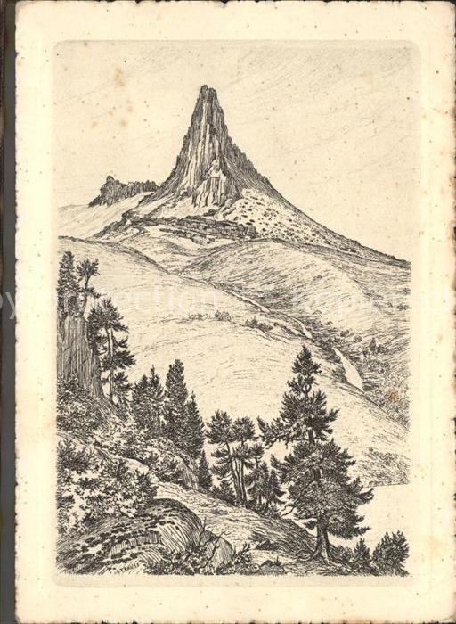 Radierung Strauss Quelle des Valser-Rheins Zervre