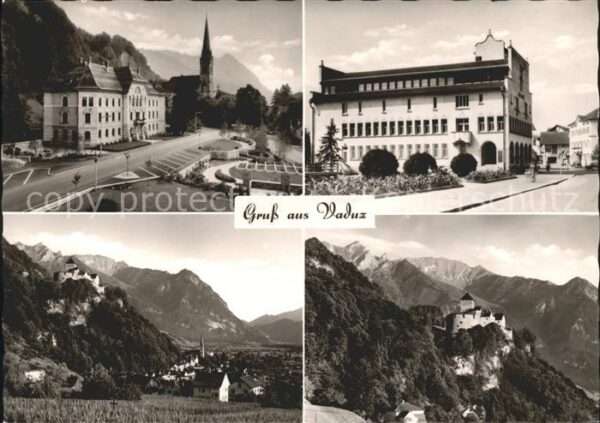 Vaduz Ortspartie Kirche Schloss Alpenpanorama