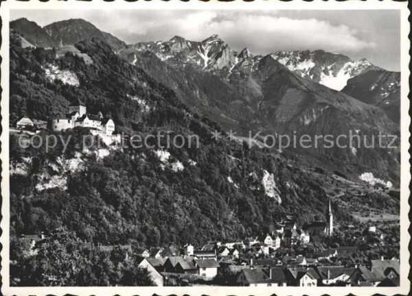 Vaduz Gesamtansicht mit Schloss und Alpen