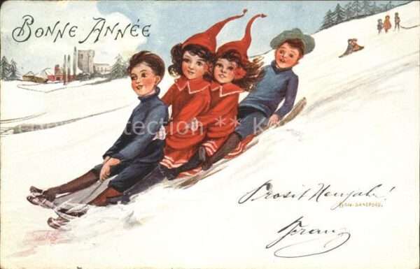 Schlitten Schnee Neujahr Kinder Künstlerkarte Sandford V