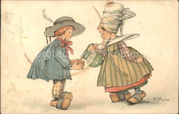 Kinder Hollandtracht Künstlerkarte K.J. Frilero