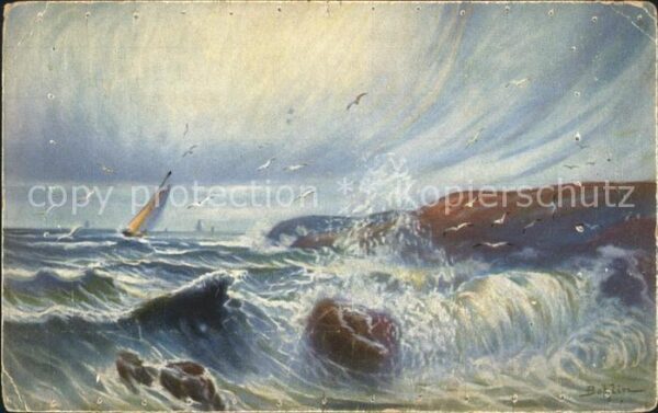 Kuenstlerkarte Meer Sturm Segelboot