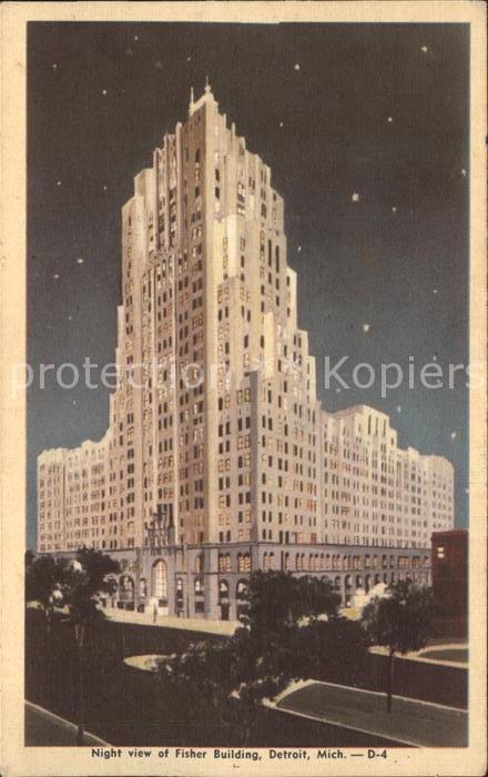 Detroit Michigan Night view of Fisher Building