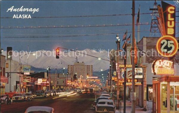 Anchorage modern city dusk shows Chugach Mountain