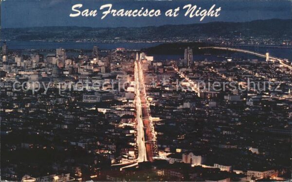 San Francisco California Panoramic view at night Bay Bridge