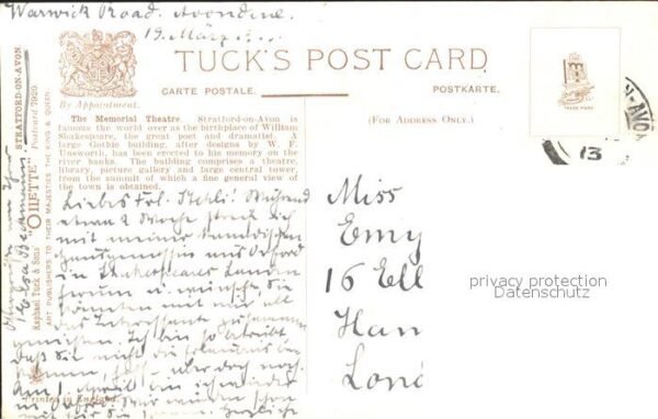 Verlag Tucks Oilette Nr. 7920 Memorial Theatre Stratford on Avon – Bild 2