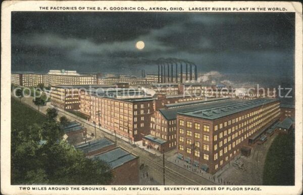 Akron Ohio B. F. Goodrich Co Factories at night La