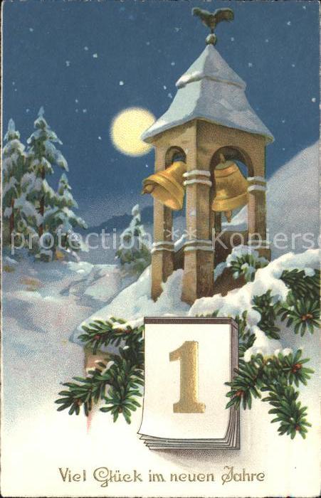 Datumskarte Neujahr Turm Glocken Tannebäume Winterl