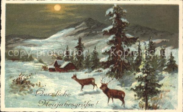 Neujahr Hirsche Bäume Winterlandschaft