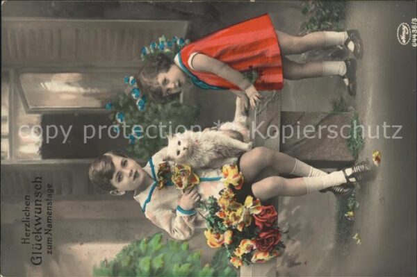 Verlag Amag Nr. 64436/3 Namenstag Kinder Katze Blumen