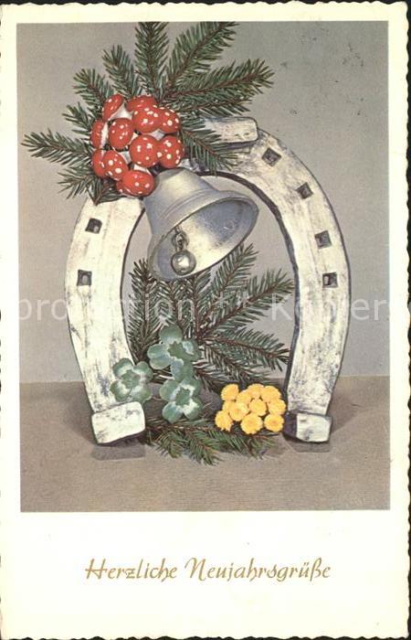Glueckwunsch Neujahr Hufeisen Pilze Glocke Tannenzwe