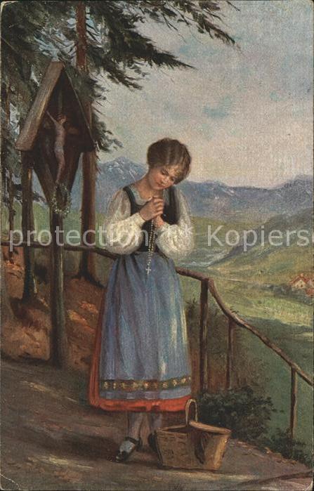 Kuenstlerkarte H. W. Mager Am Marterl Rosenkranz Nr. 1