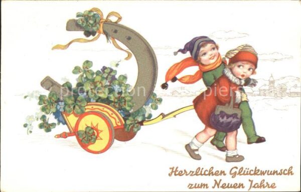 Neujahr Hufeisen Zweiradwagen Blumen Kinder