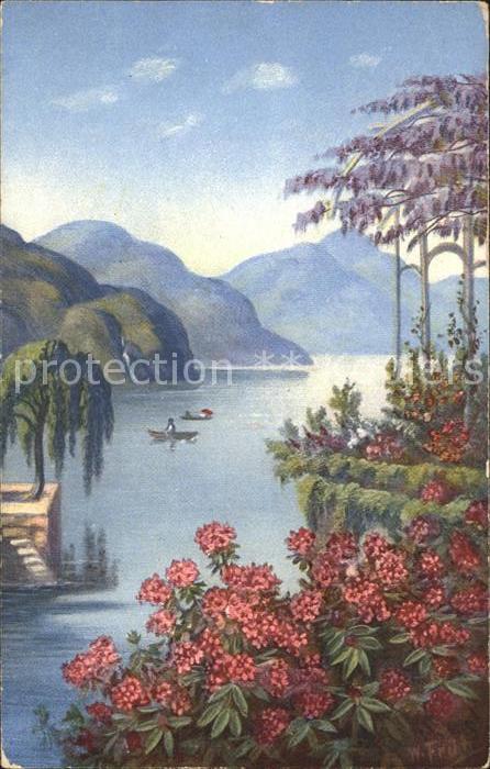 Frueh W. Alpenrosen Blauregen See Boote Berge