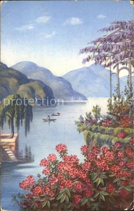 Frueh W. Alpenrosen Blauregen See Boote Berge