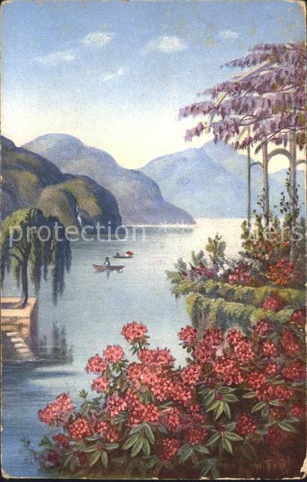 Frueh W. Alpenrosen Blauregen See Boote Berge
