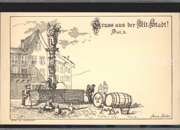 Haller Anna Altstadt Biel Brunnen Weinfässer Mensch