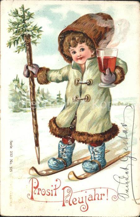 Skifahren Kind Glühwein Mantel Neujahr Litho