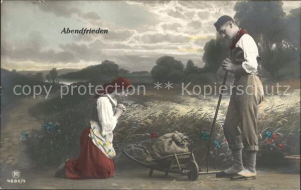 Ernte Landwirtschaft Abendfrieden Schubkarre Rechen Foto-RPH