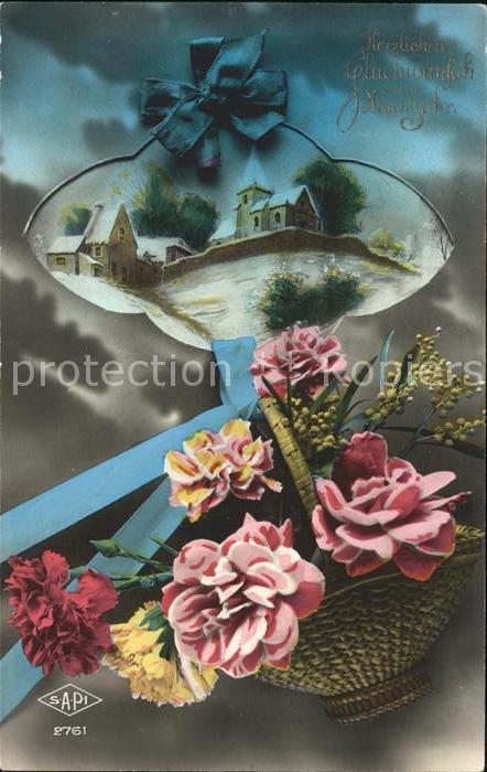 Foto SAPI Paris Nr. 2761 Rosen Nelken Korb Glückwunsch Neuj
