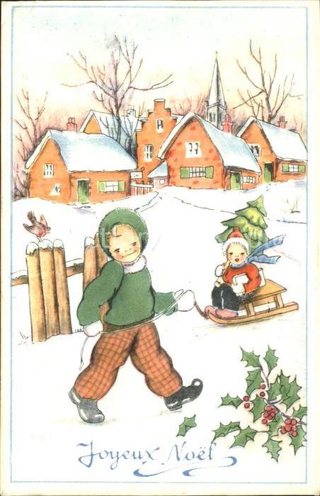 Schlitten Schnee Kinder Weihnachten Stechpalme