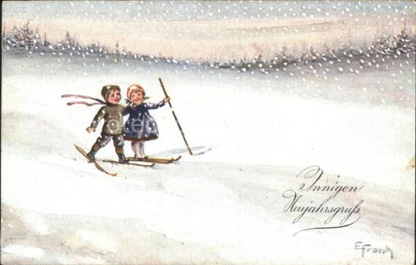 Skifahren Kinder Künstlerkarte E. Frank Neujahr